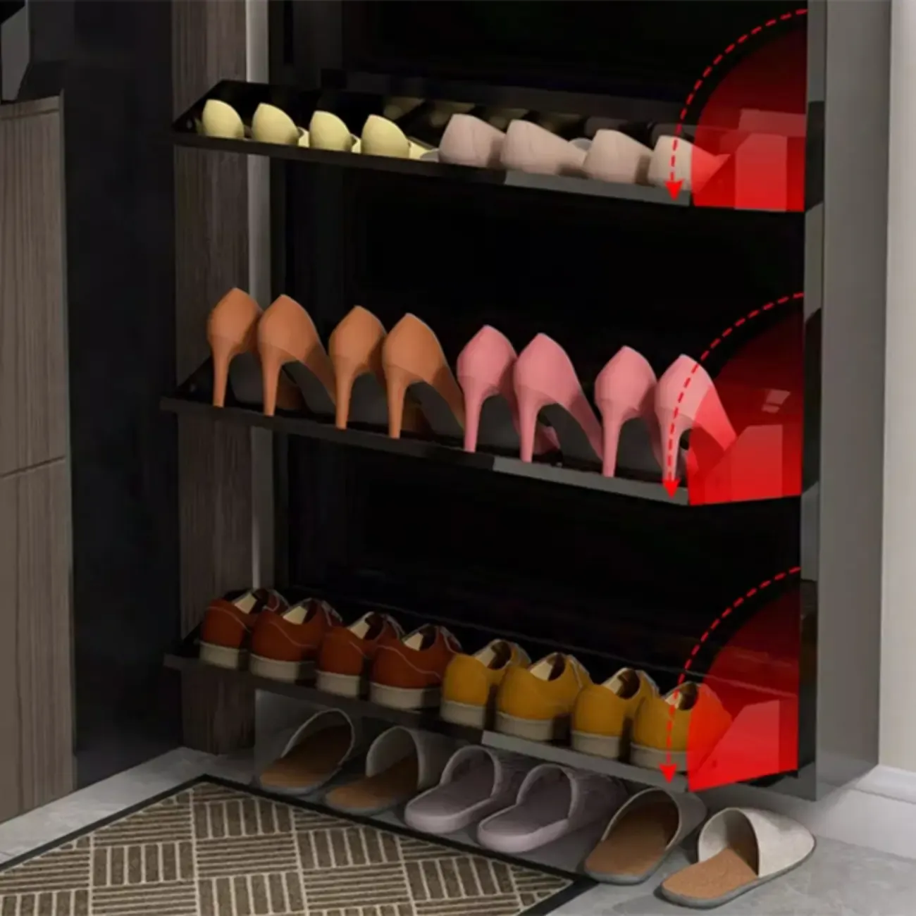 Gloss Black Wooden Slim Drop Front Shoe Cabinet Image - 13