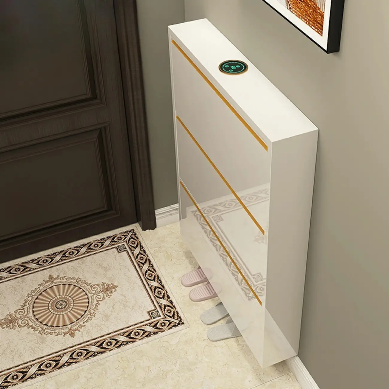 Gloss Black Wooden Slim Drop Front Shoe Cabinet Image - 14 | homeyfad