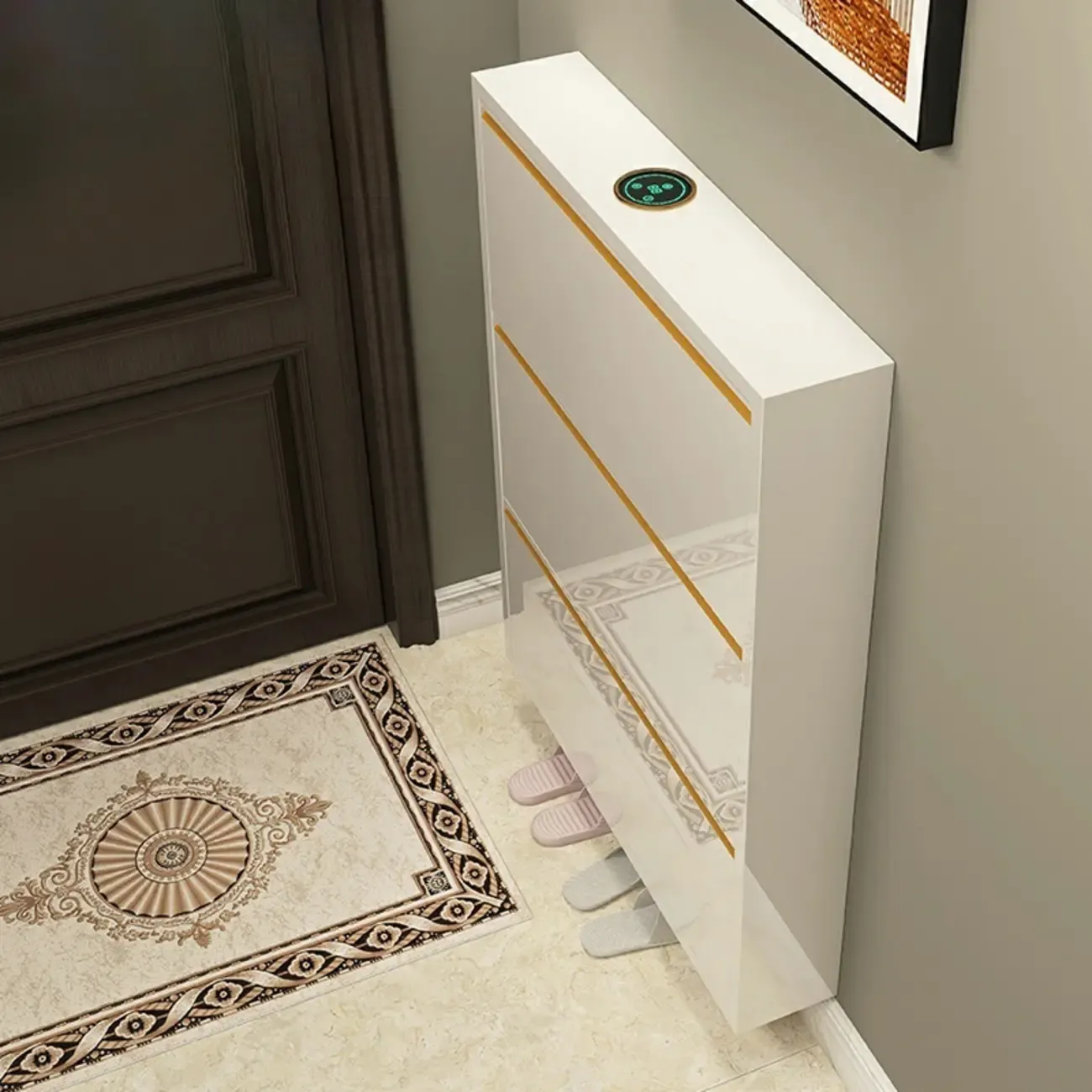 Gloss Black Wooden Slim Drop Front Shoe Cabinet Image - 14