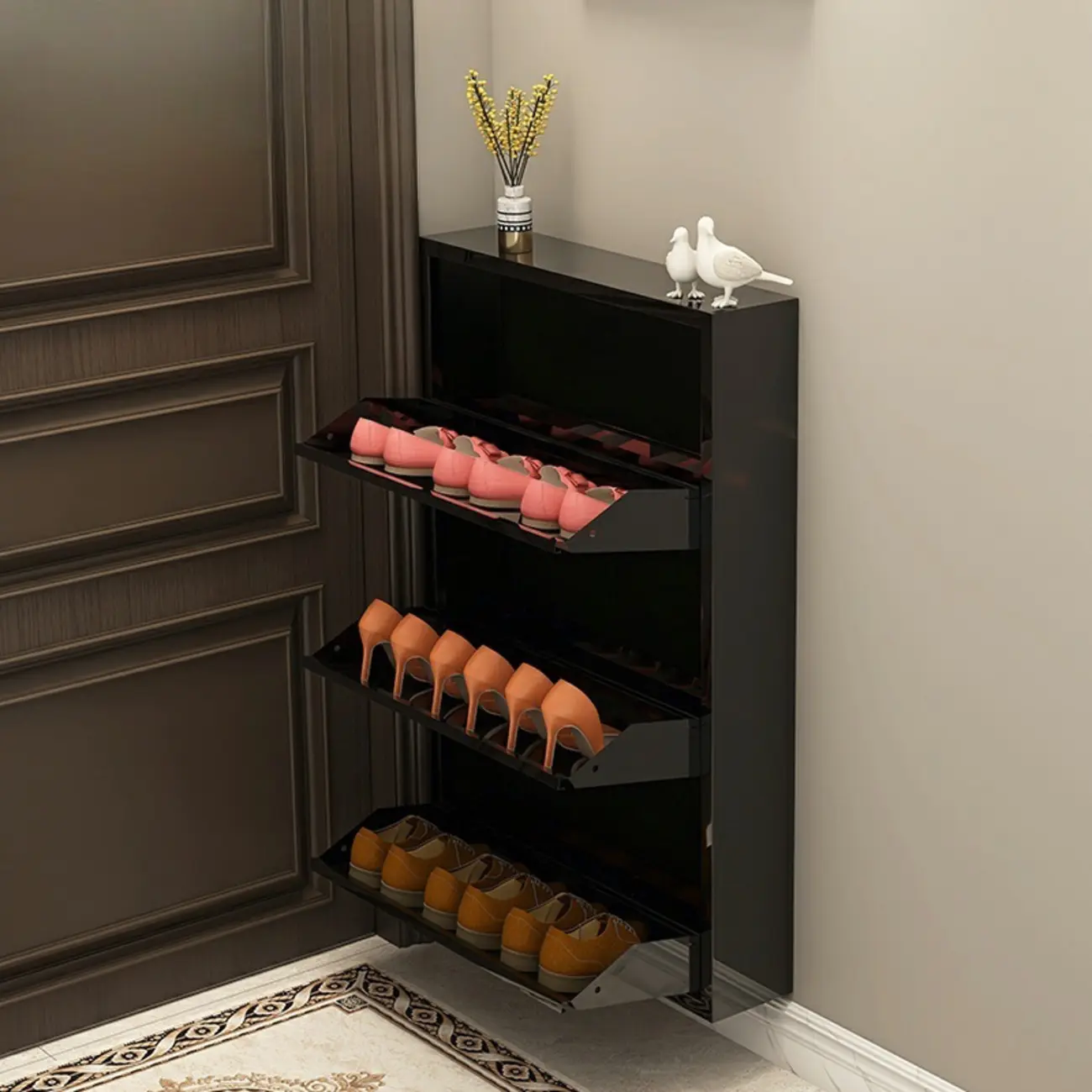 Gloss Black Wooden Slim Drop Front Shoe Cabinet Image - 17 | homeyfad