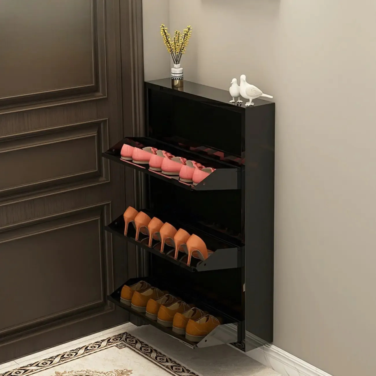 Gloss Black Wooden Slim Drop Front Shoe Cabinet Image - 17