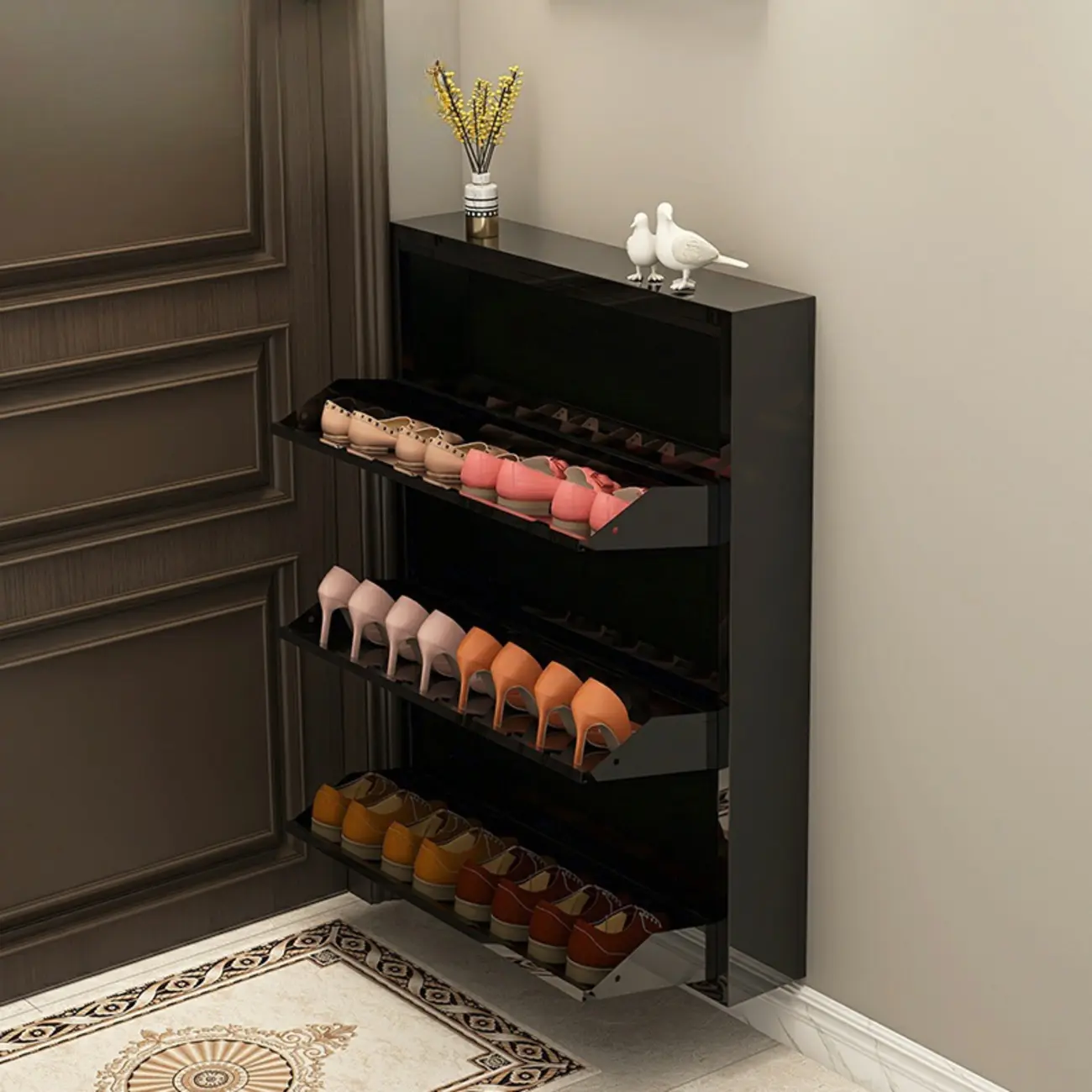 Gloss Black Wooden Slim Drop Front Shoe Cabinet Image - 18 | homeyfad