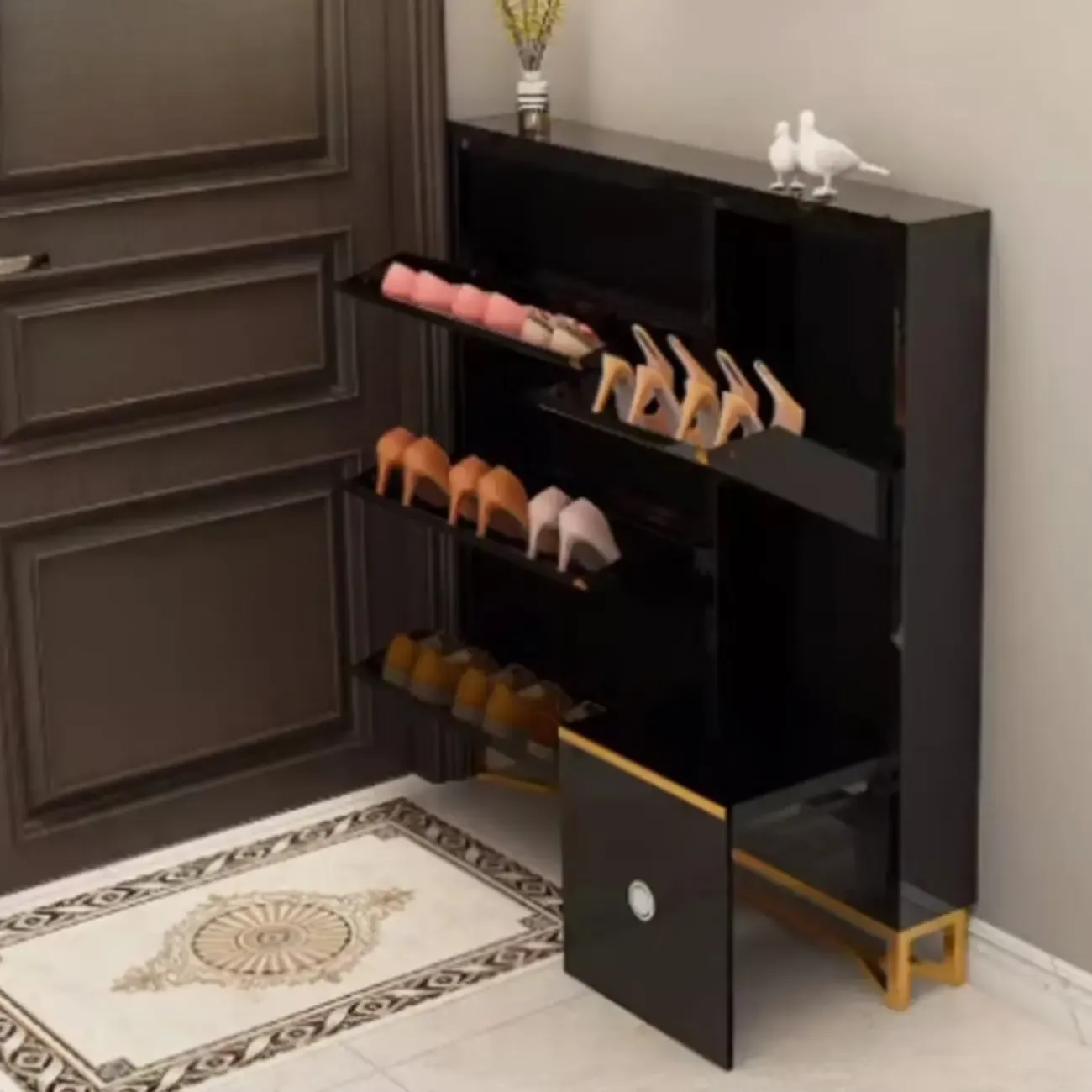 Gloss Black Wooden Slim Drop Front Shoe Cabinet Image - 19