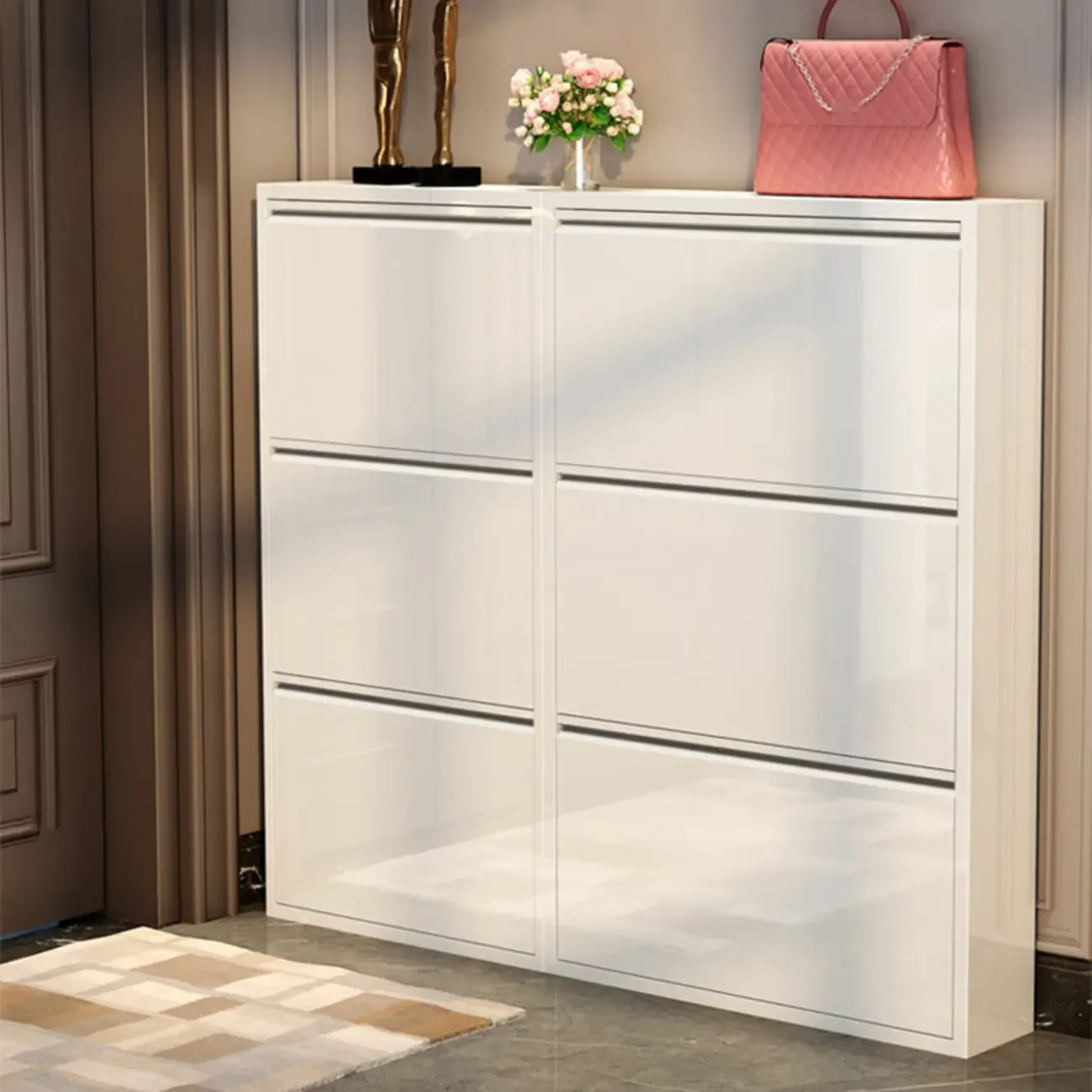 Gloss Black Wooden Slim Drop Front Shoe Cabinet Image - 20