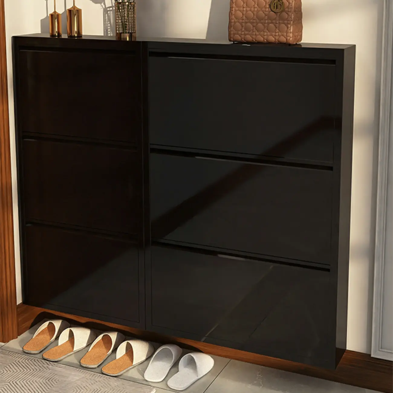 Gloss Black Wooden Slim Drop Front Shoe Cabinet Image - 21 | homeyfad