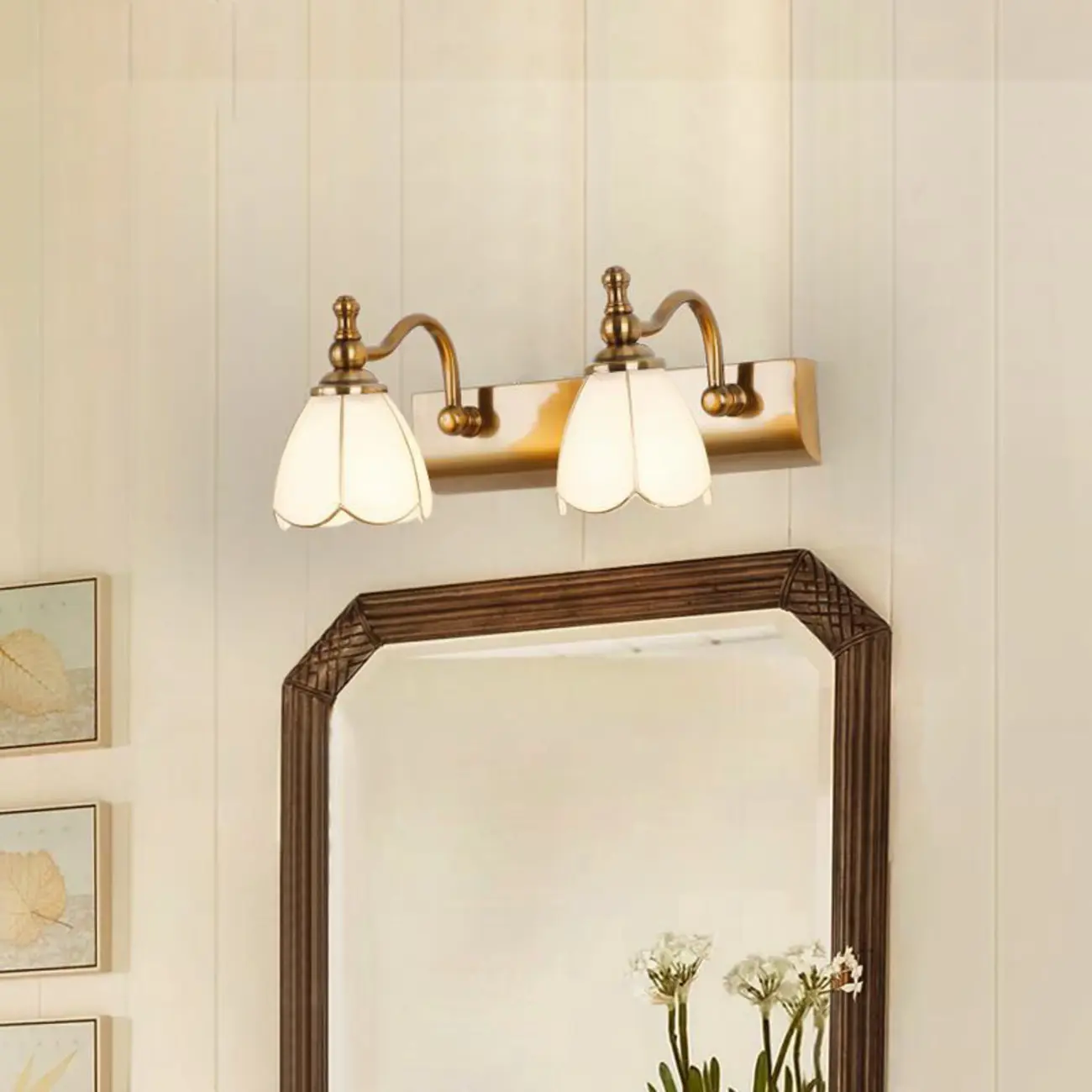Gold Floral Vanity Light with Frosted Glass Elegance Image - 2 | homeyfad