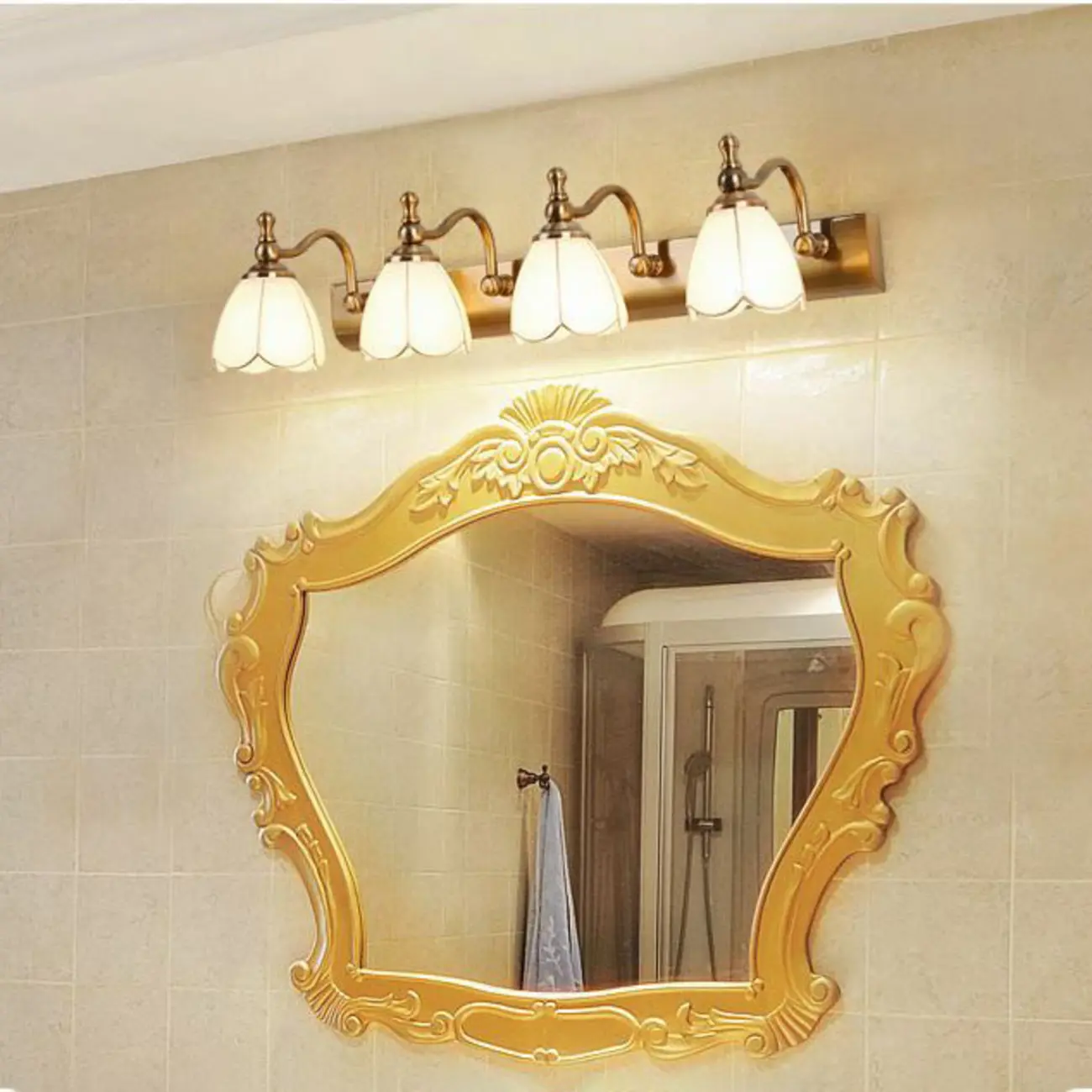 Gold Floral Vanity Light with Frosted Glass Elegance Image - 4 | homeyfad
