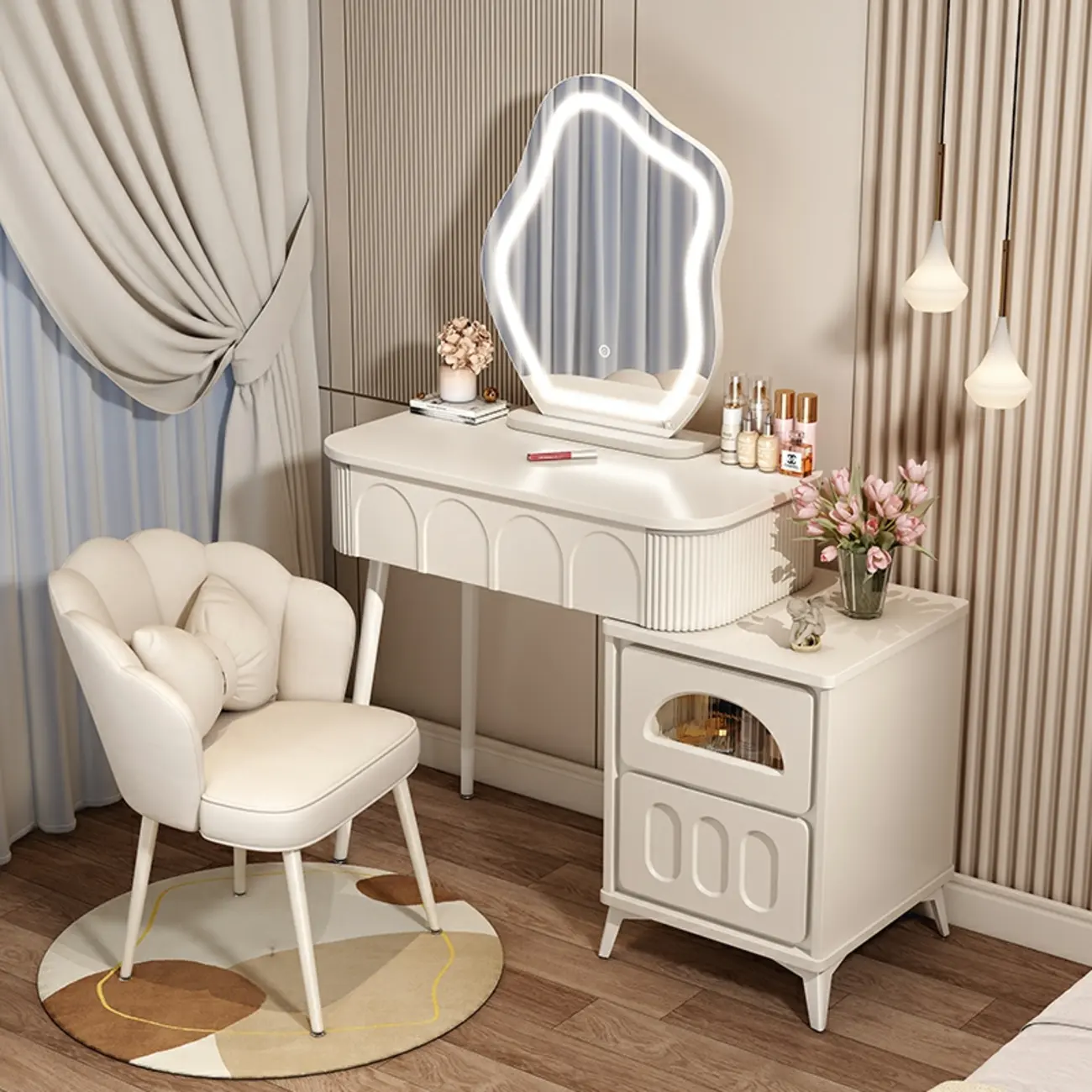 Mini Wood White Bedroom Makeup Vanity with Mirror & Stool Image - 1 | homeyfad