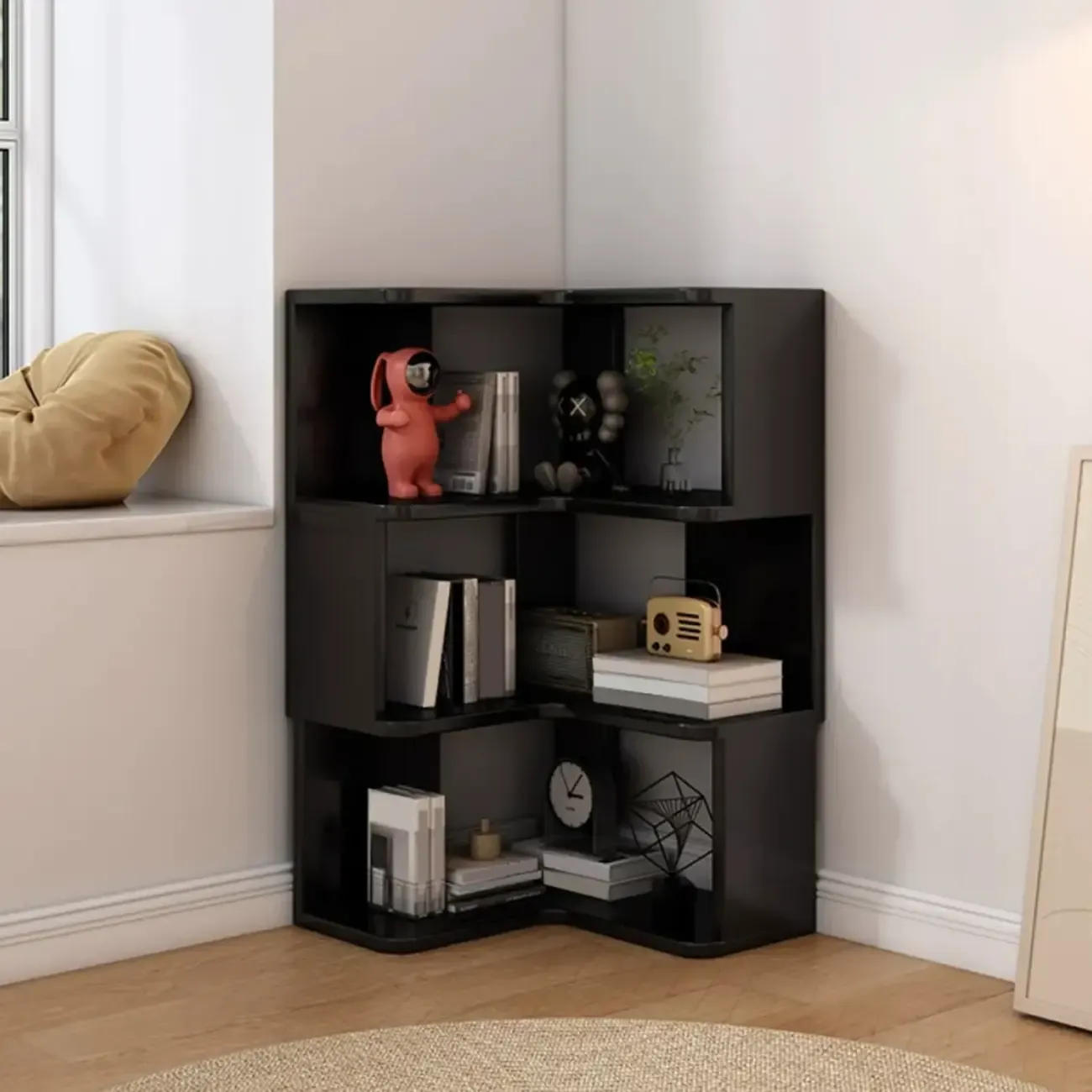 Elegant Woodern L-shaped Ladder Display Corner Bookcase Image - 2
