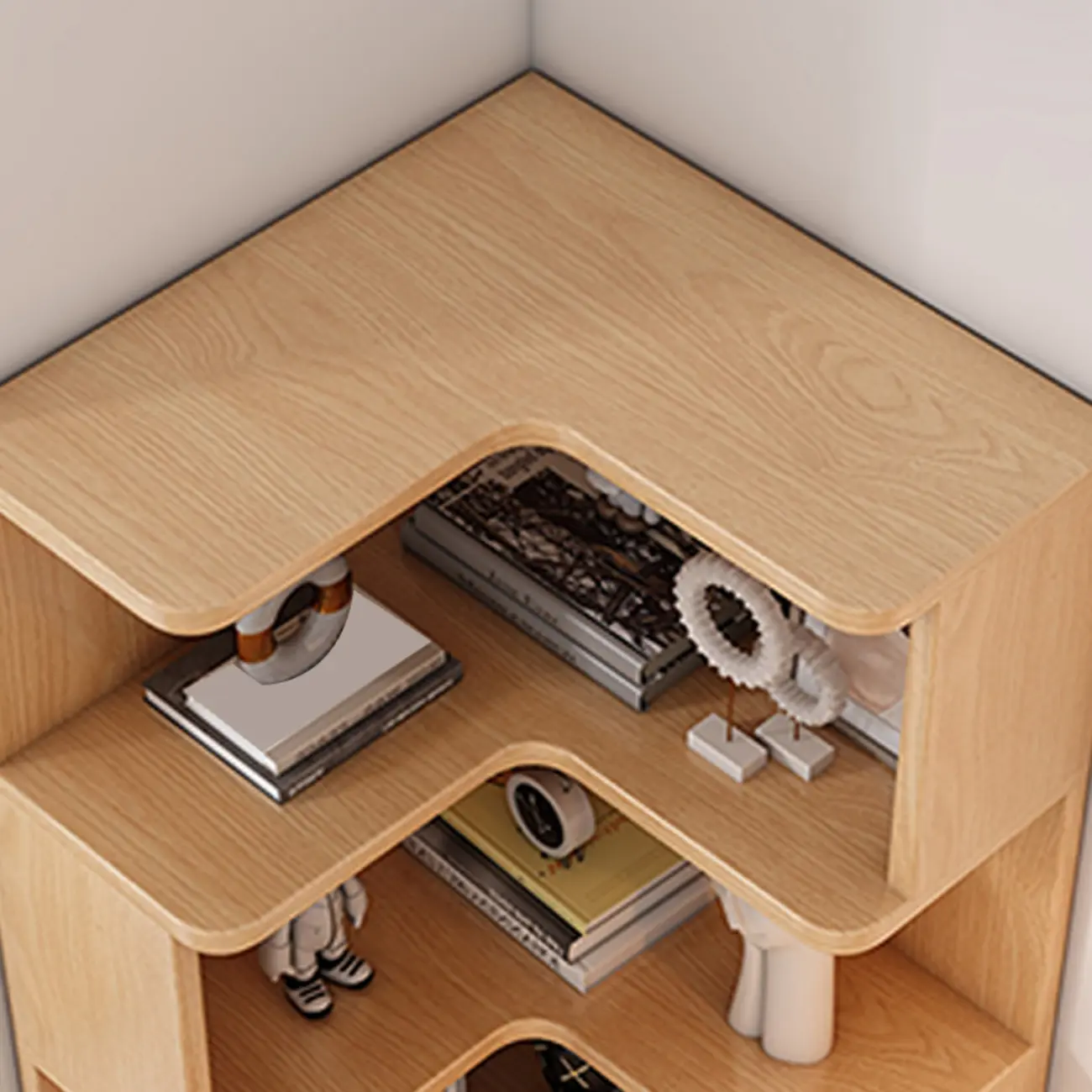 Elegant Woodern L-shaped Ladder Display Corner Bookcase Image - 7 | homeyfad