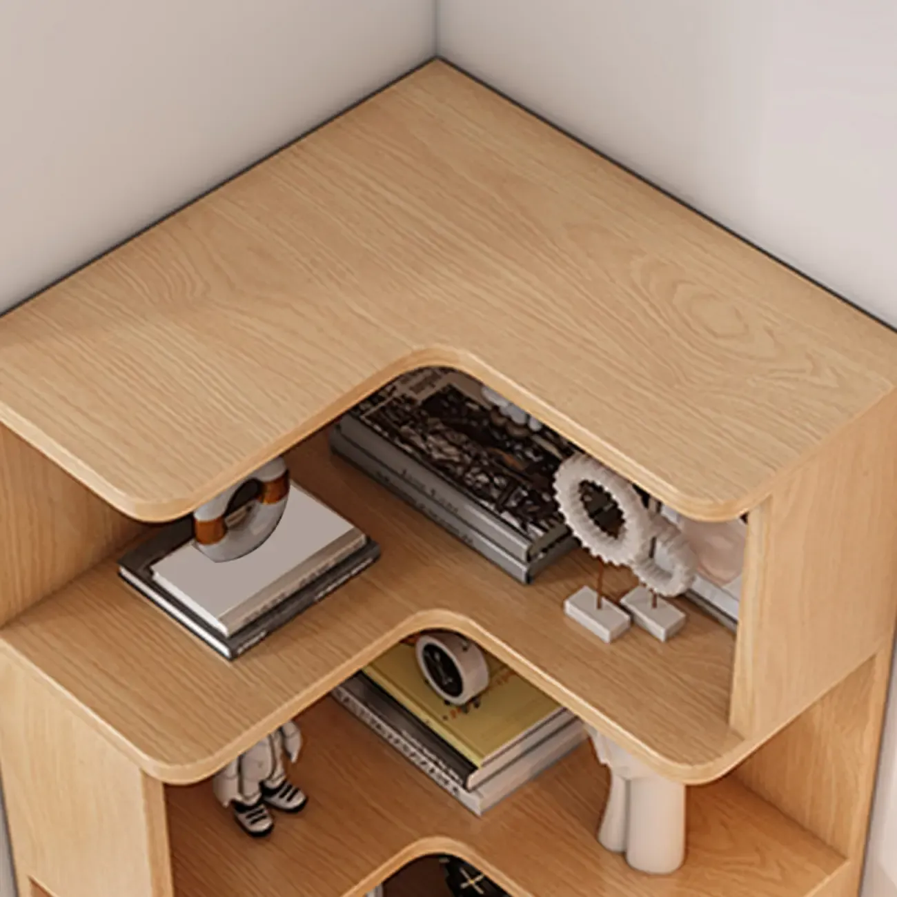 Elegant Woodern L-shaped Ladder Display Corner Bookcase Image - 7