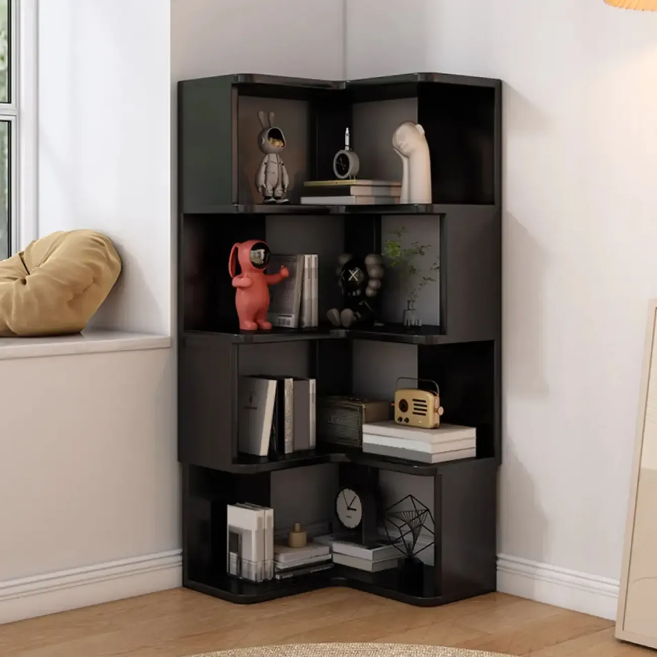 Elegant Woodern L-shaped Ladder Display Corner Bookcase Image - 8