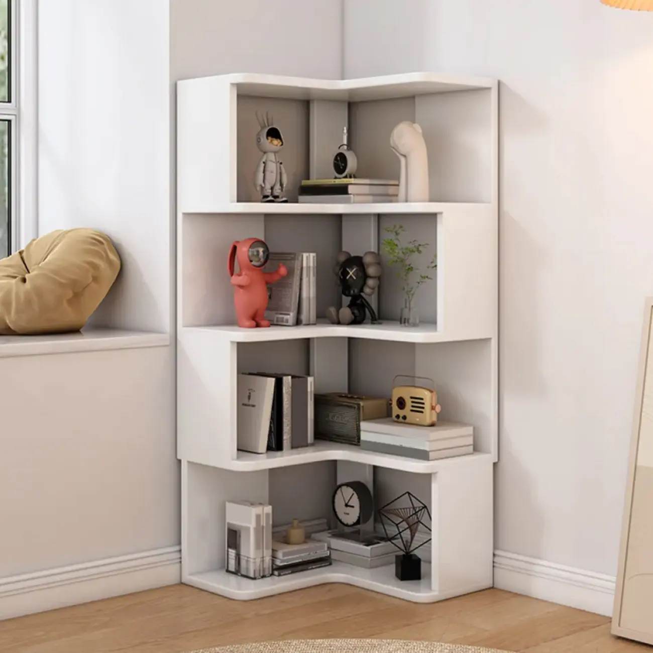Elegant Woodern L-shaped Ladder Display Corner Bookcase Image - 9 | homeyfad