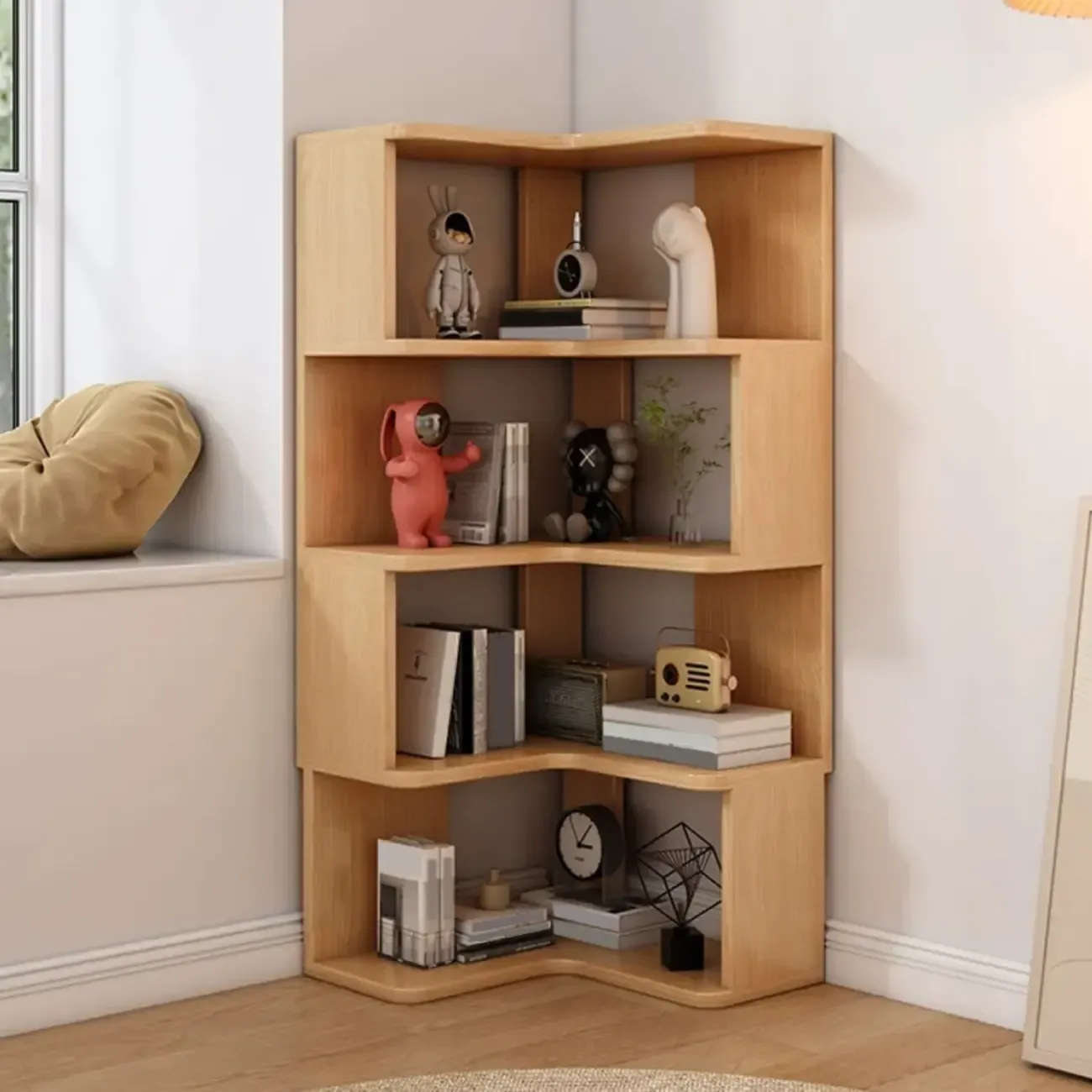 Elegant Woodern L-shaped Ladder Display Corner Bookcase Image - 11
