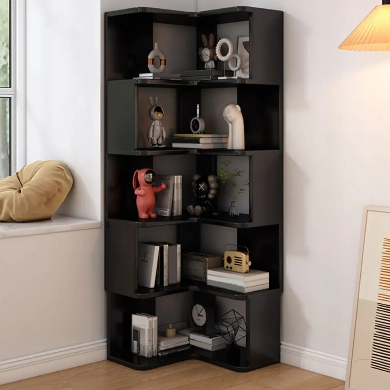 Elegant Woodern L-shaped Ladder Display Corner Bookcase Image - 14 | homeyfad