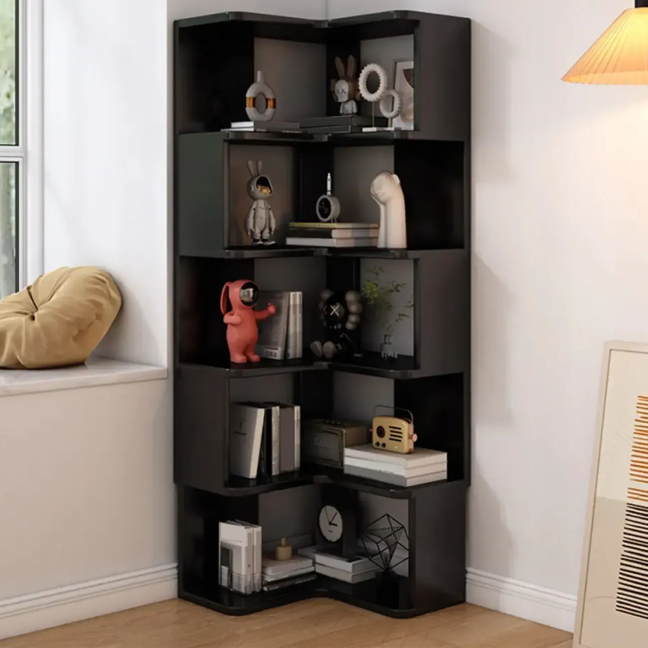 Elegant Woodern L-shaped Ladder Display Corner Bookcase Image - 14