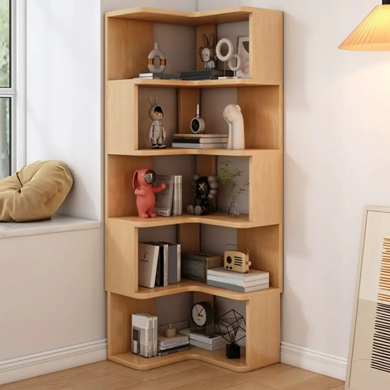 Elegant Woodern L-shaped Ladder Display Corner Bookcase Image - 17 | homeyfad
