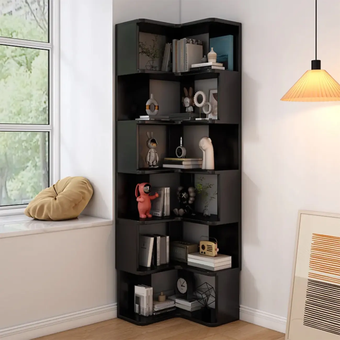 Elegant Woodern L-shaped Ladder Display Corner Bookcase Image - 18 | homeyfad