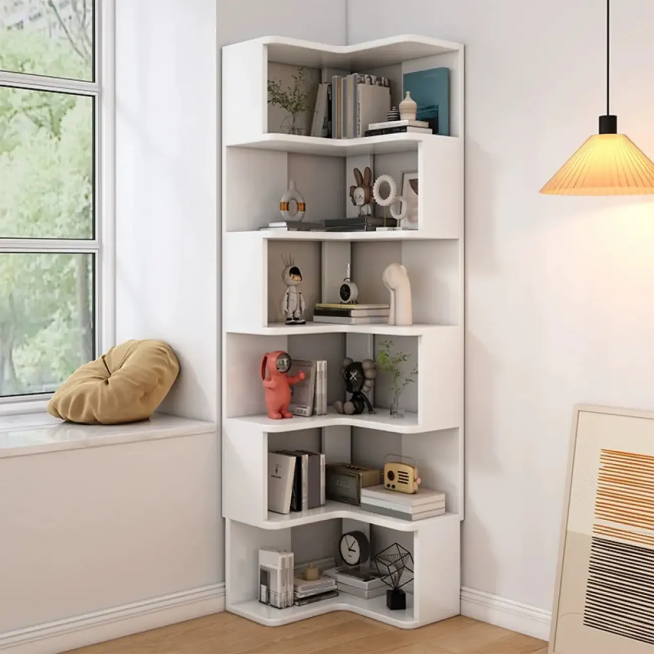 Elegant Woodern L-shaped Ladder Display Corner Bookcase Image - 19 | homeyfad