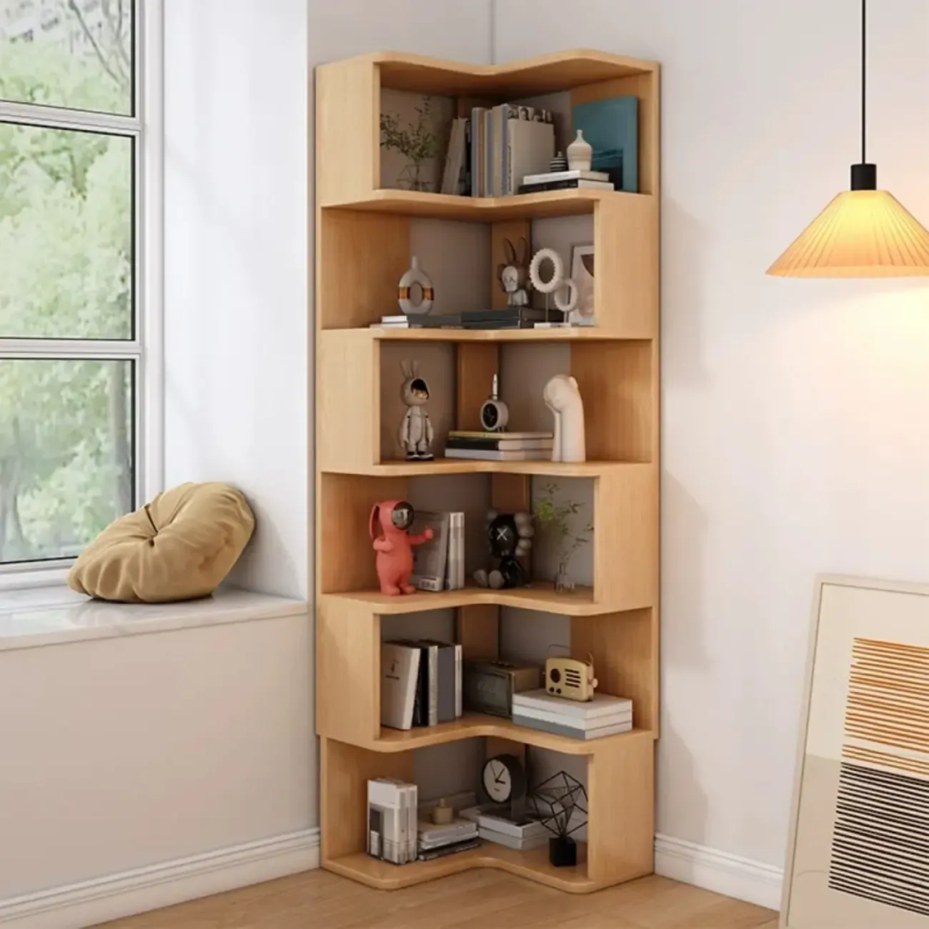 Elegant Woodern L-shaped Ladder Display Corner Bookcase Image - 20