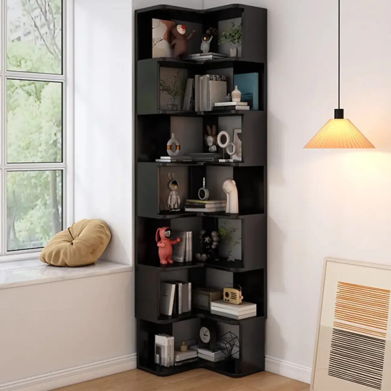 Elegant Woodern L-shaped Ladder Display Corner Bookcase Image - 21