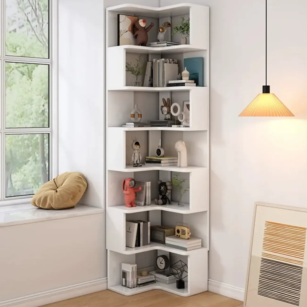 Elegant Woodern L-shaped Ladder Display Corner Bookcase Image - 22
