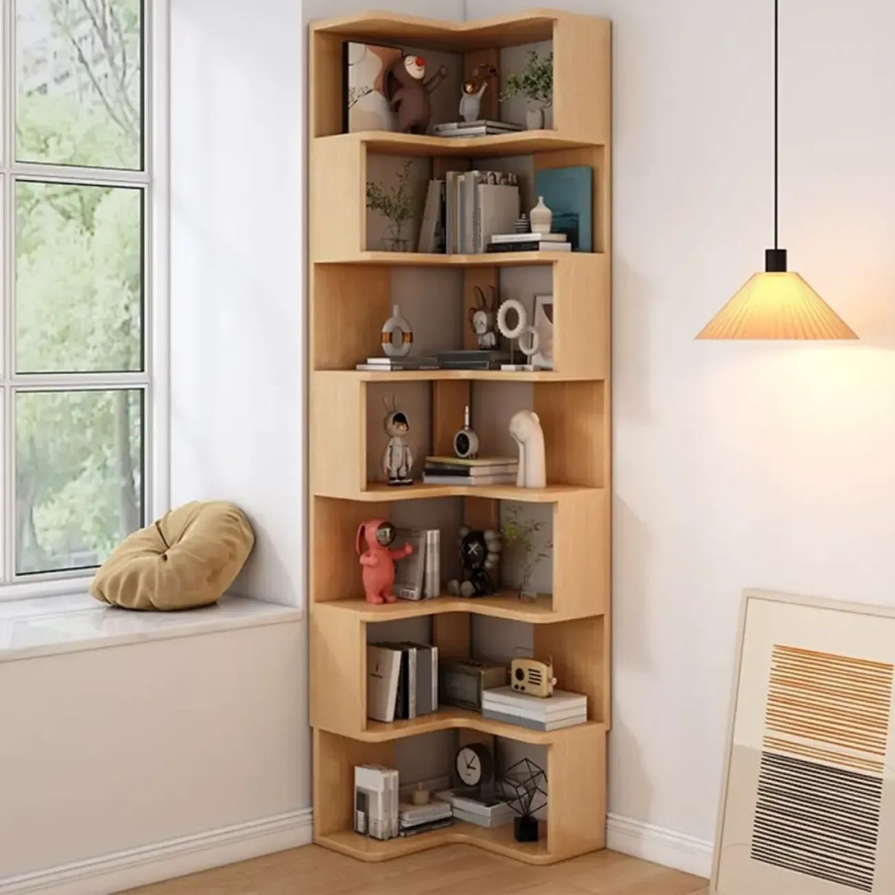 Elegant Woodern L-shaped Ladder Display Corner Bookcase Image - 23
