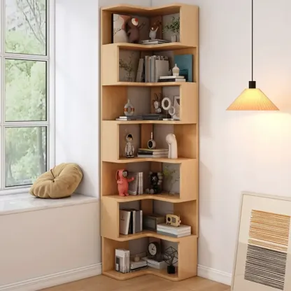 Elegant Woodern L-shaped Ladder Display Corner Bookcase Image - 23