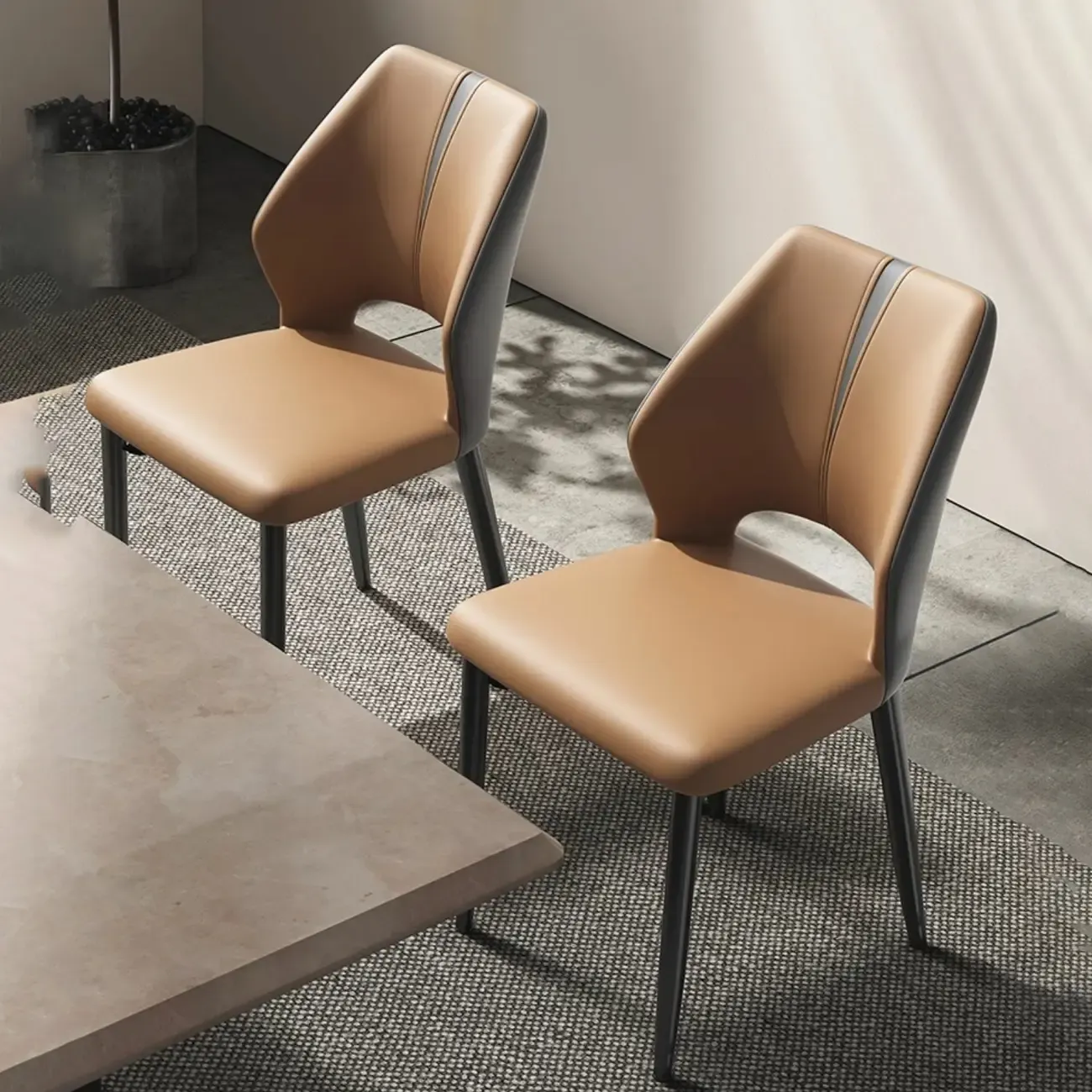 Curved Back Faux Leather Brown Side Dining Chair Image - 8