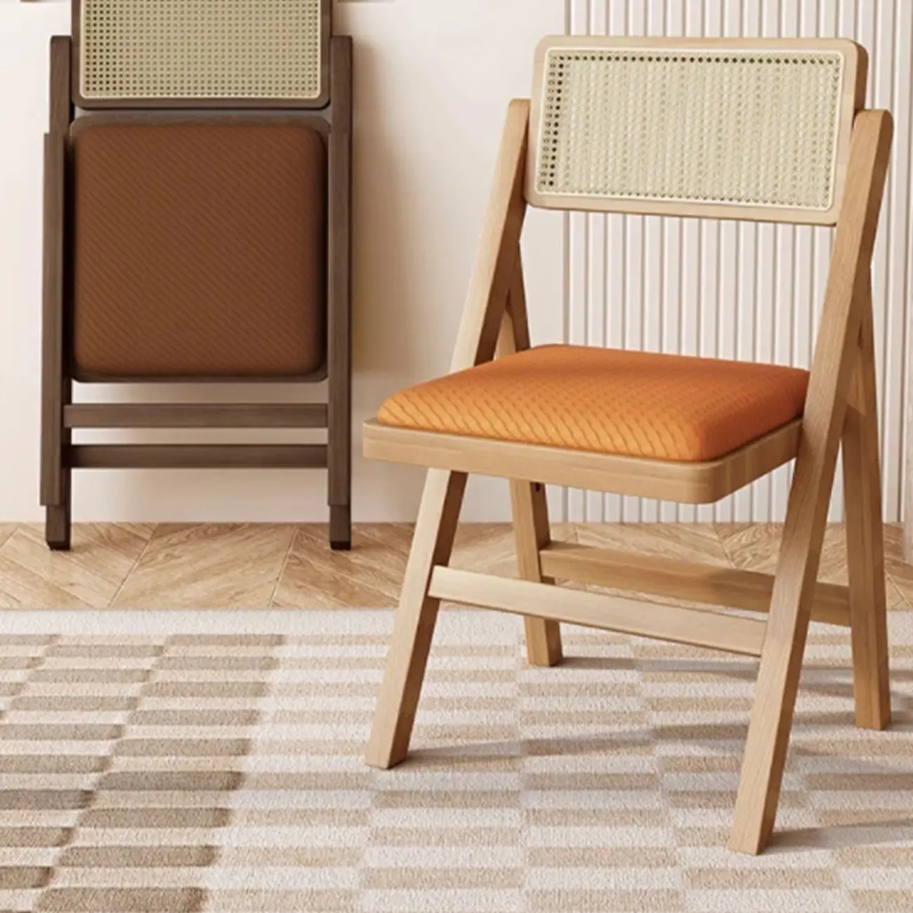 Natural Wood Foldable Wicker Orange Dining Chair Image - 1 | homeyfad