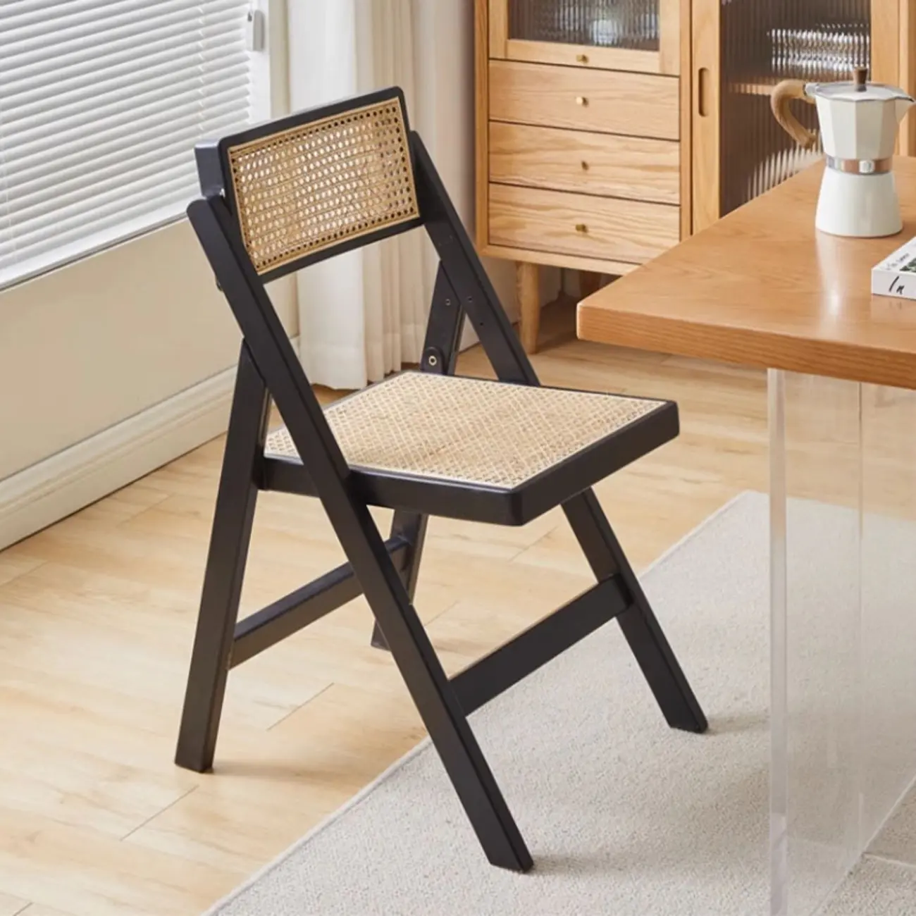 Natural Wood Foldable Wicker Orange Dining Chair Image - 2 | homeyfad