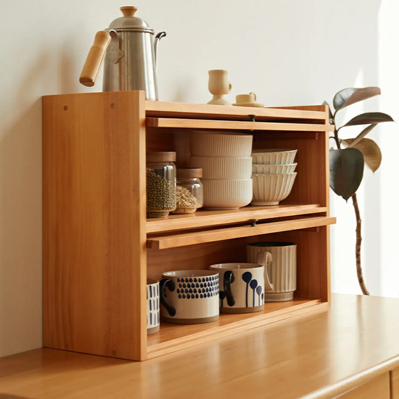 Wooden Tabletop Glass Display Cabinet for Kitchen Decor Image - 3 | homeyfad