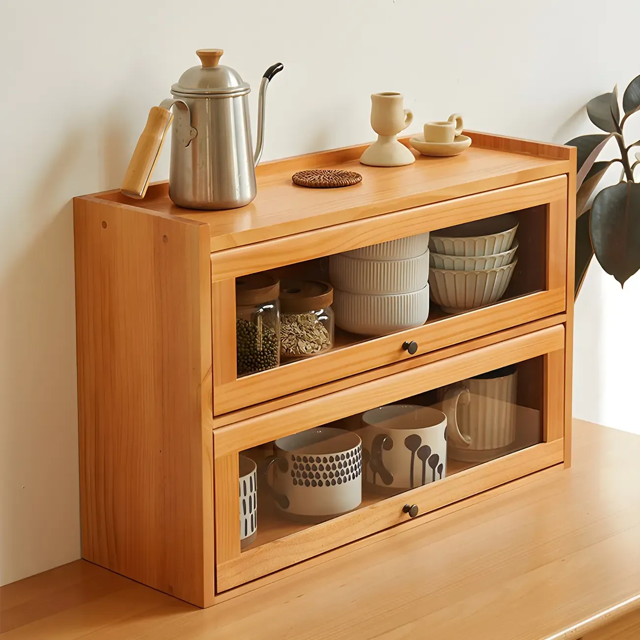 Wooden Tabletop Glass Display Cabinet for Kitchen Decor Image - 11