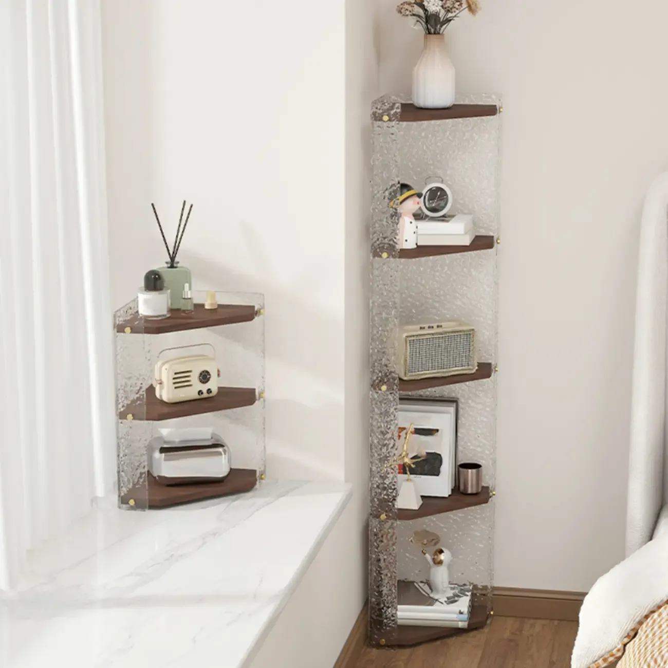 Modern Acrylic Natural Wood Open Shelves Corner Cabinet Image - 2