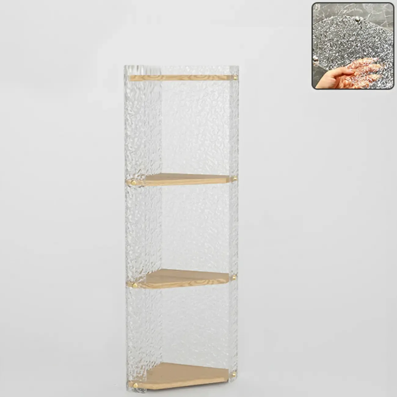 Modern Acrylic Natural Wood Open Shelves Corner Cabinet Image - 5