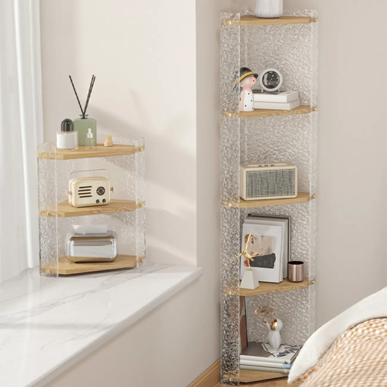 Modern Acrylic Natural Wood Open Shelves Corner Cabinet Image - 1 | homeyfad