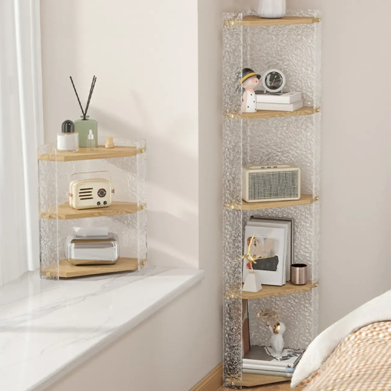 Modern Acrylic Natural Wood Open Shelves Corner Cabinet Image - 1