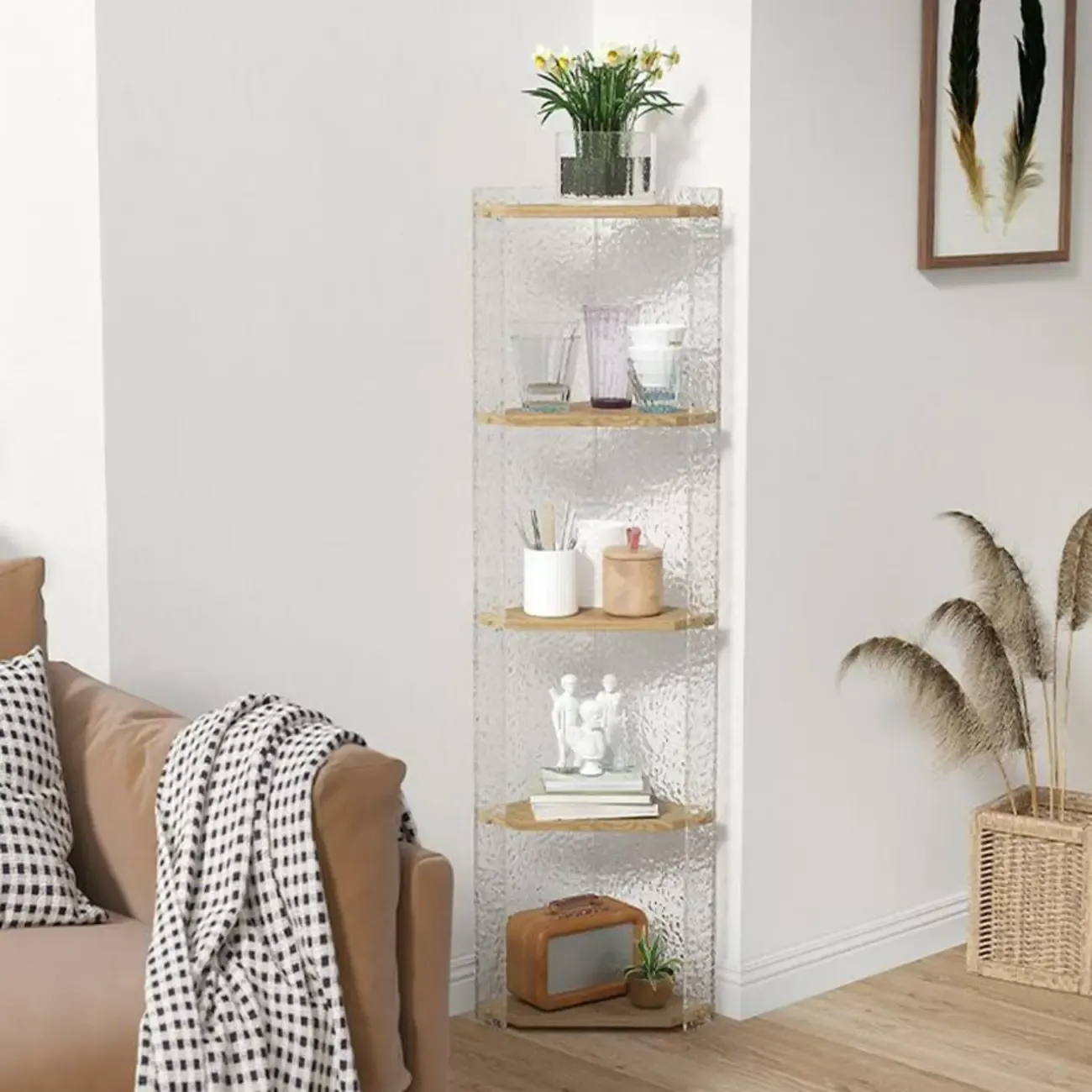Modern Acrylic Natural Wood Open Shelves Corner Cabinet Image - 3