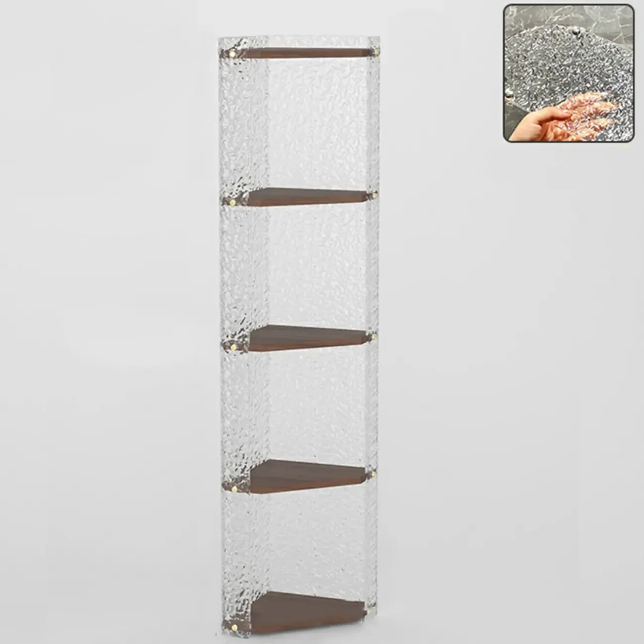 Modern Acrylic Natural Wood Open Shelves Corner Cabinet Image - 9