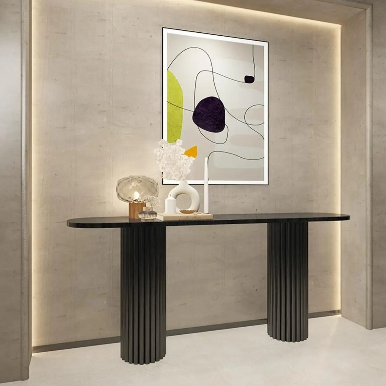 Natural Oval Wooden Double Pedestal Console Table Image - 2 | homeyfad