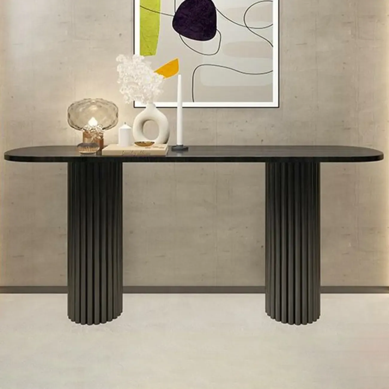 Natural Oval Wooden Double Pedestal Console Table Image - 3