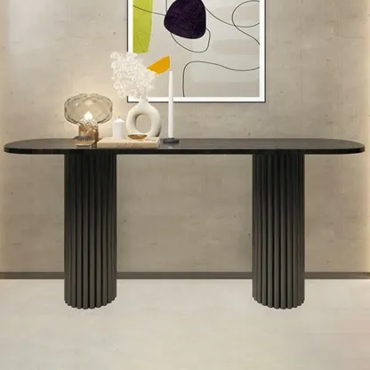 Natural Oval Wooden Double Pedestal Console Table Image - 3