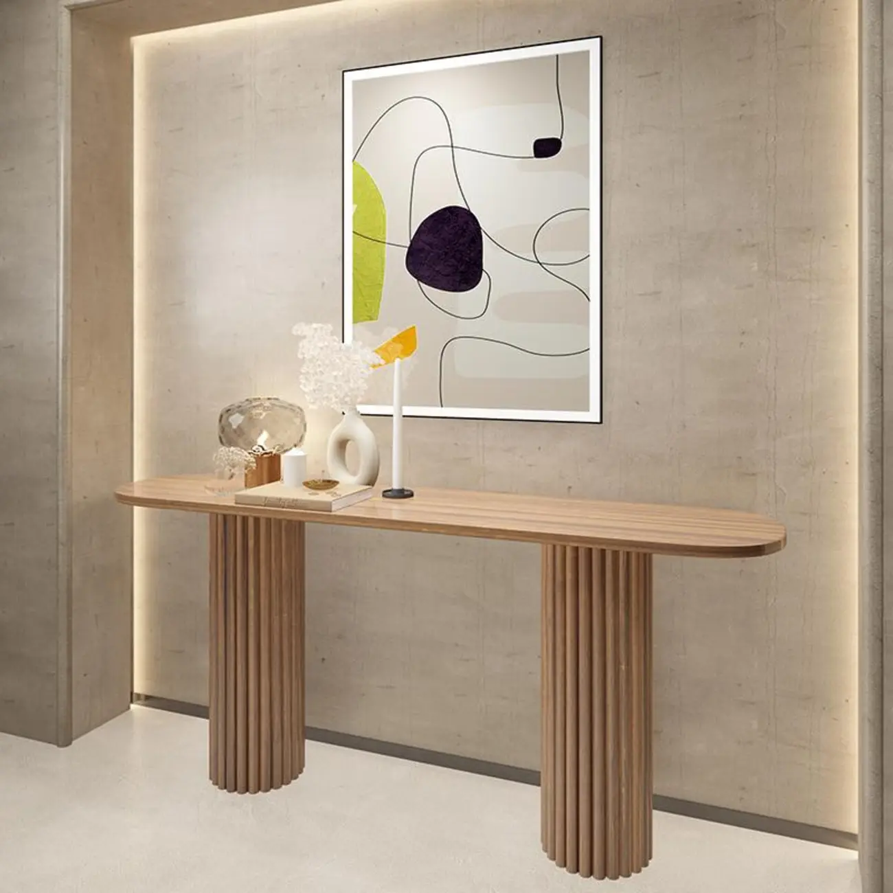 Natural Oval Wooden Double Pedestal Console Table Image - 4 | homeyfad