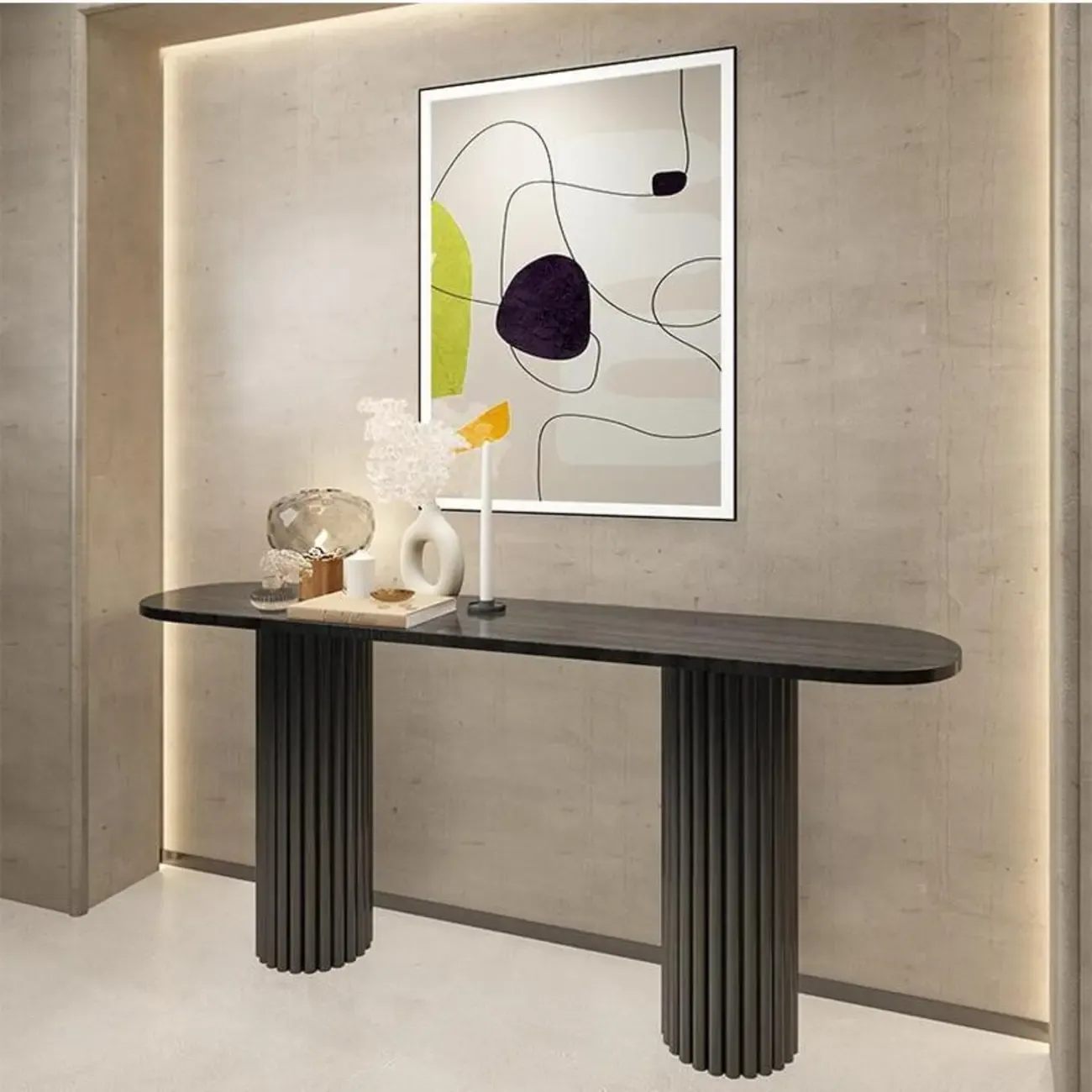 Natural Oval Wooden Double Pedestal Console Table Image - 7