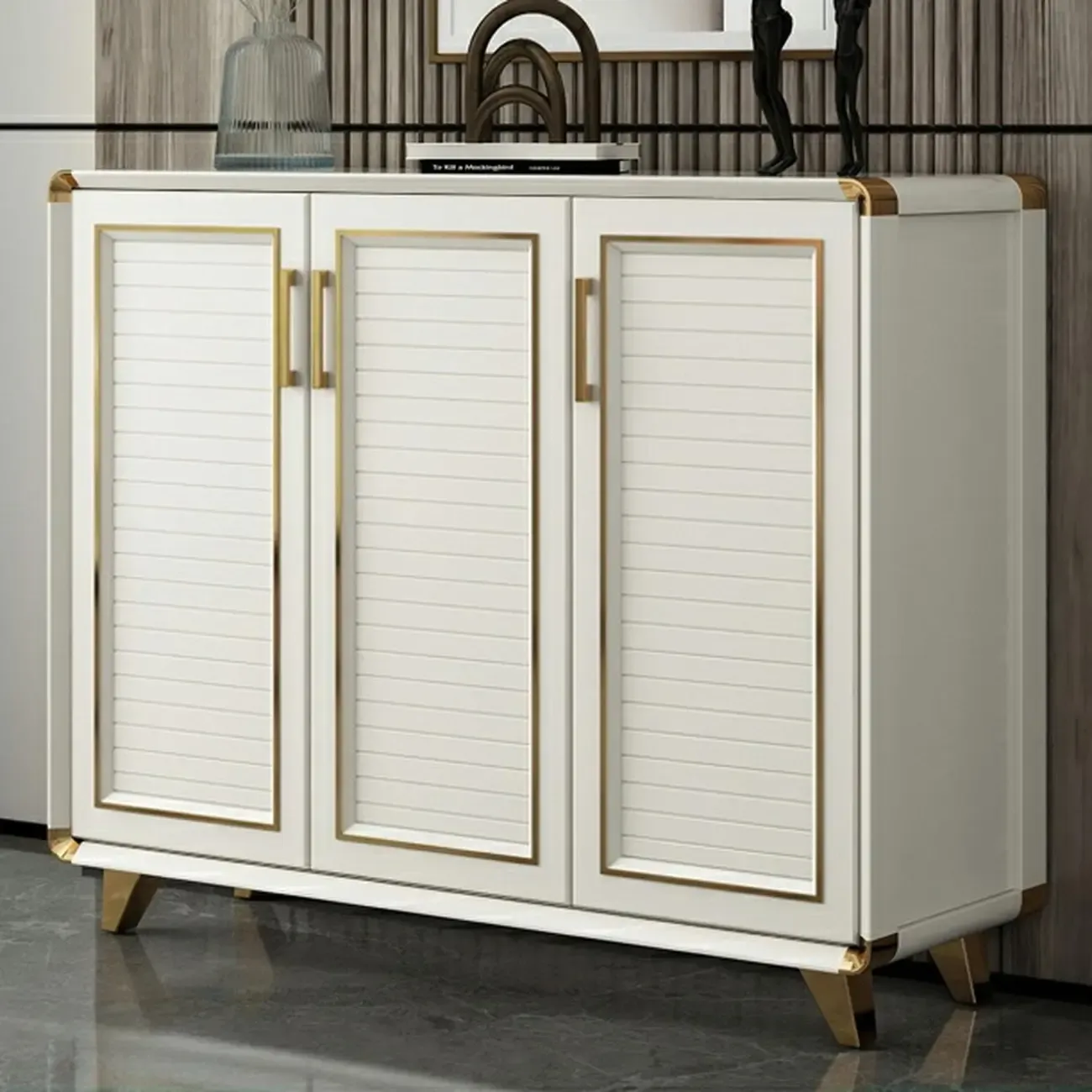 Glam White Metal Shoe Storage Cabinet with Drawer Image - 4