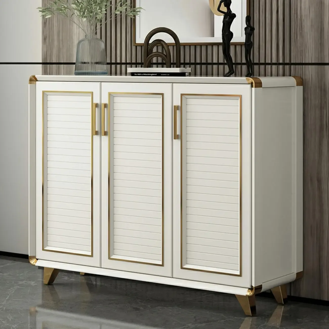 Glam White Metal Shoe Storage Cabinet with Drawer Image - 6