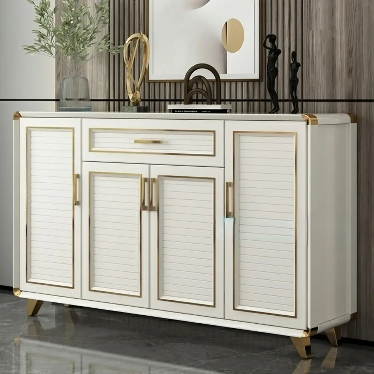 Glam White Metal Shoe Storage Cabinet with Drawer Image - 7