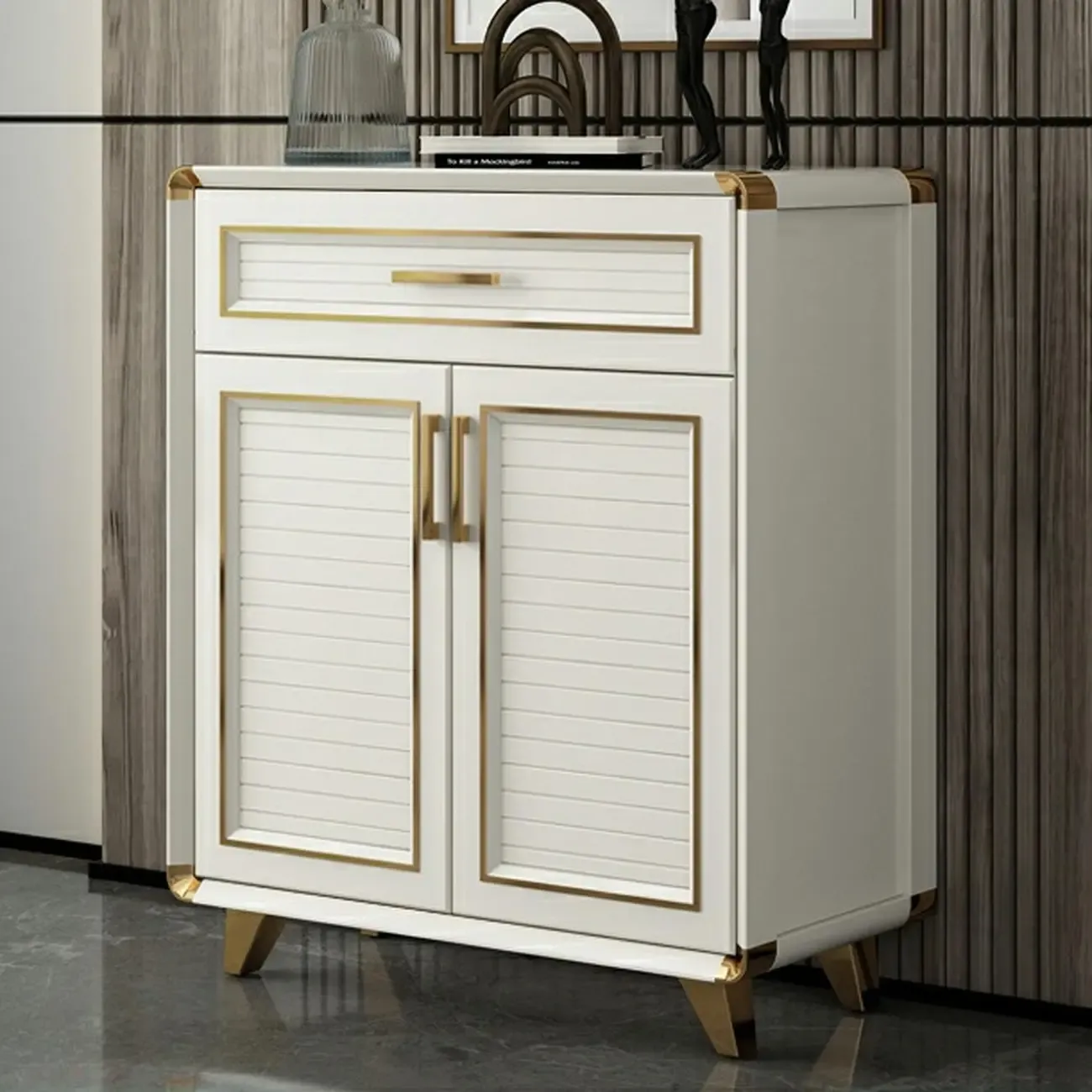 Glam White Metal Shoe Storage Cabinet with Drawer Image - 8