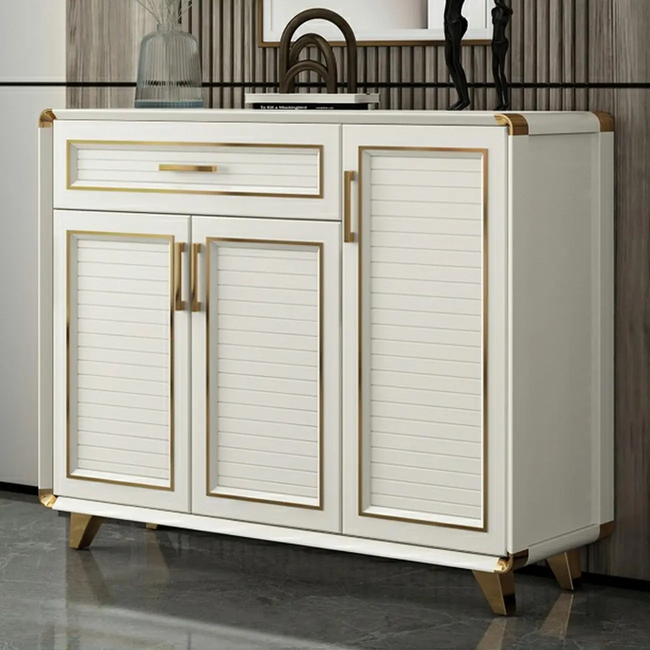Glam White Metal Shoe Storage Cabinet with Drawer Image - 9 | homeyfad