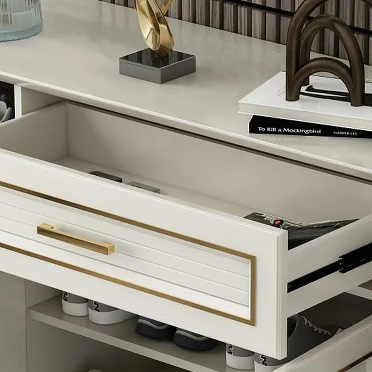 Glam White Metal Shoe Storage Cabinet with Drawer Image - 13 | homeyfad